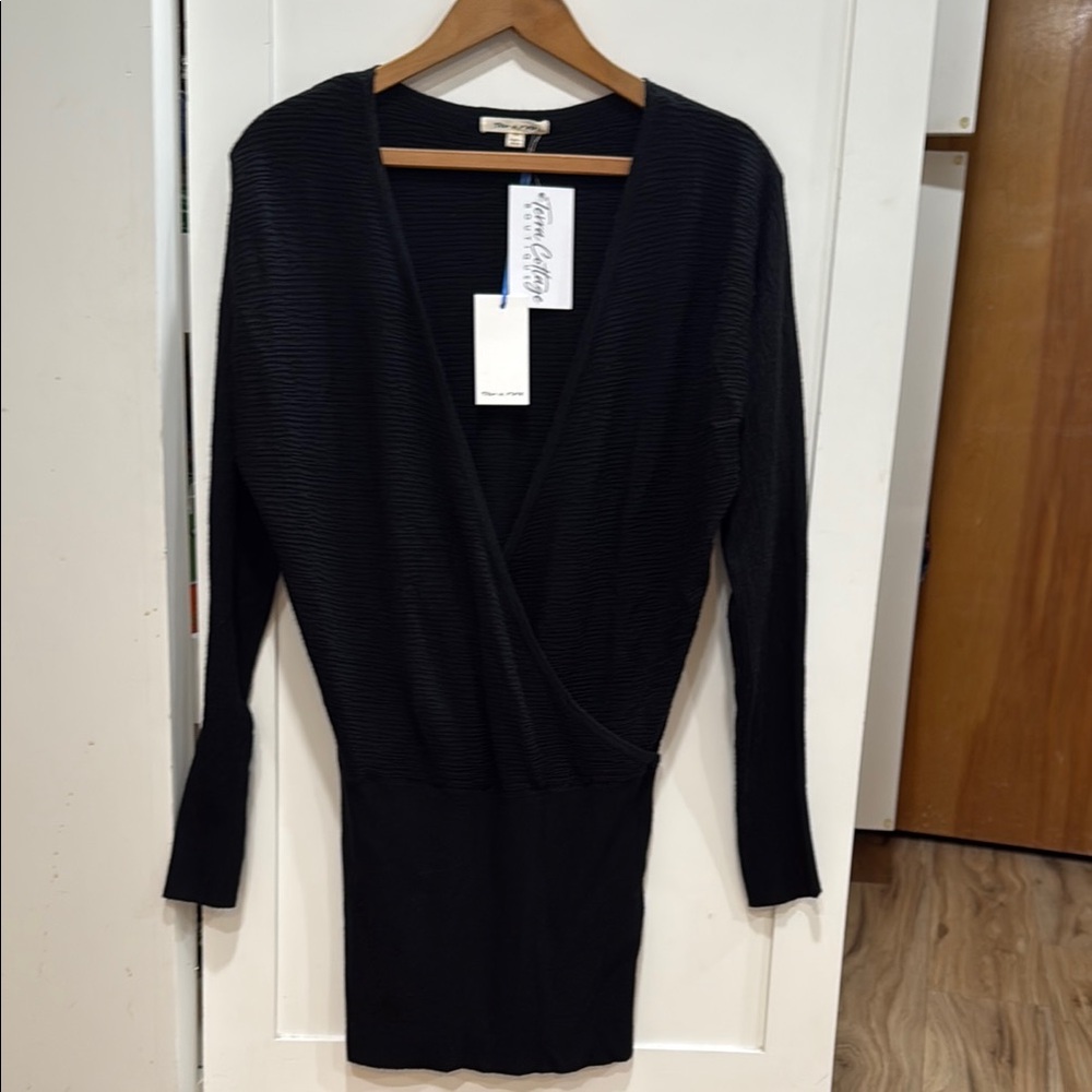Bebe Black Ribbed Wrap Dress with Dolman Sleeves